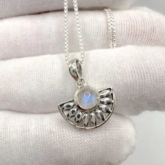 Genuine Rainbow Moonstone .925 Sterling Silver Necklace - Picture 5 of 14